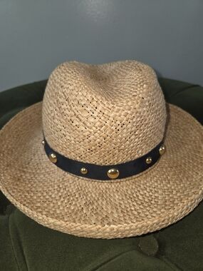 Boho Chic IMPORTINA Woven Straw Fedora Hat with Black Studded Band - Natural